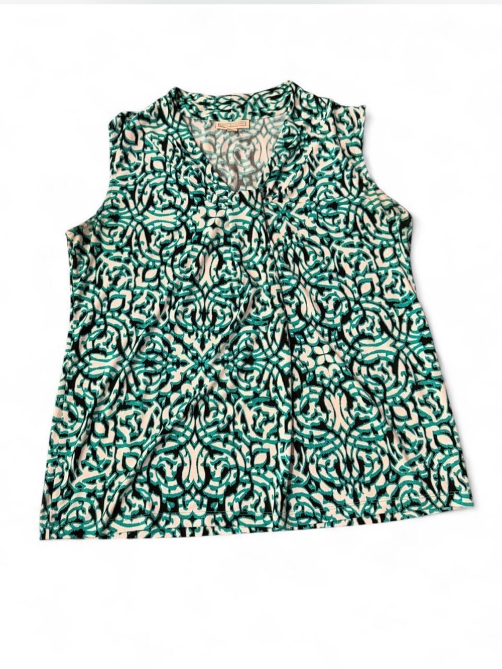 Dana Buchman Teal and Black Geometric V-Neck Sleeveless Top